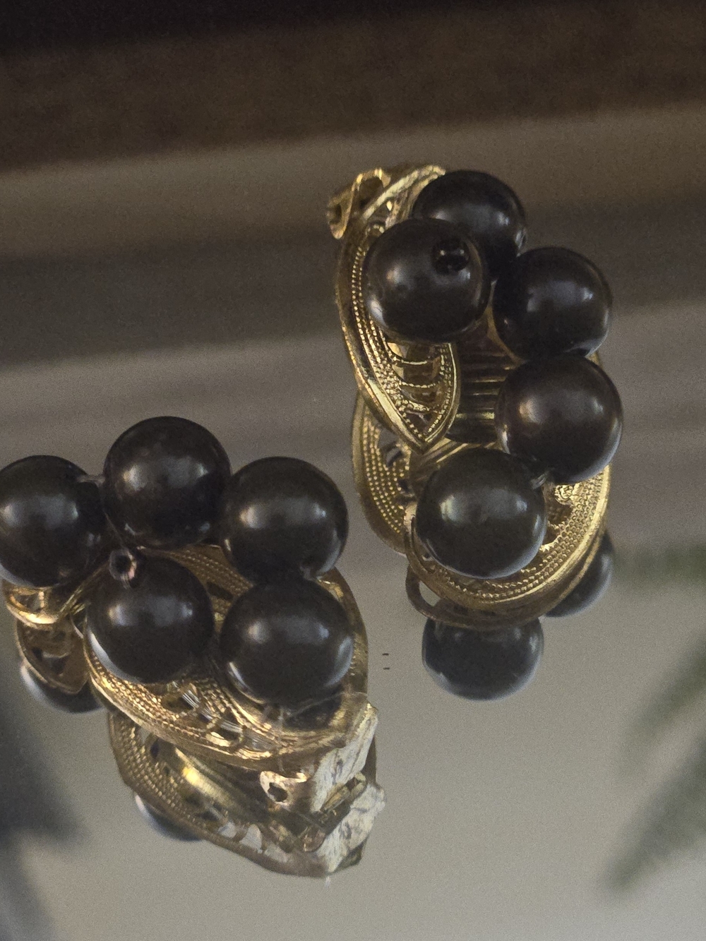 German Signed Gold-Tone Clip-On Earrings w/Black Beaded Clusters